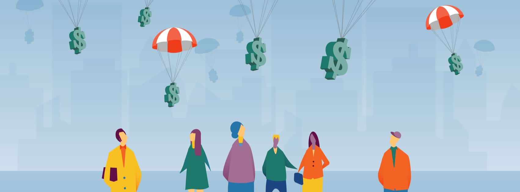 Illustration of dollar signs descending on parachutes towards a group of people standing in front of a city skyline.