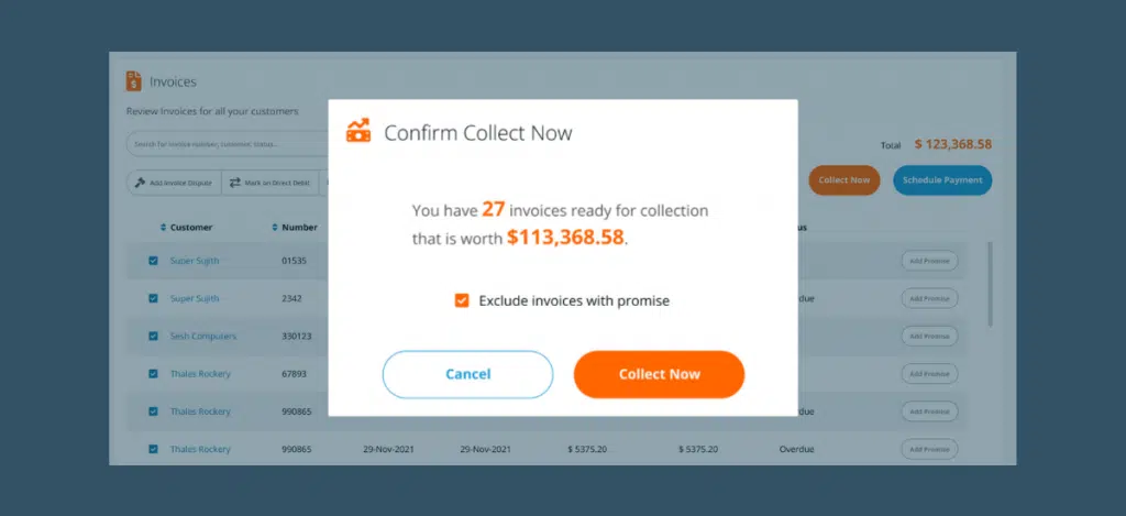 screenshot of ezyCollect Collect Now feature prompt
