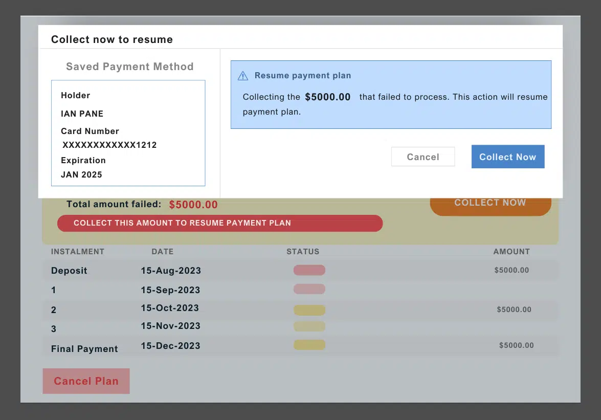 UI illustration of Collect Now prompt on Payment Plans feature in ezyCollect