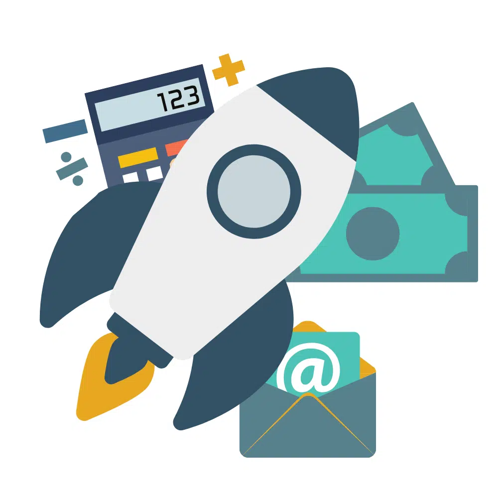 icon of a rocket with calculator, money and email icons around suggesting speed in processes