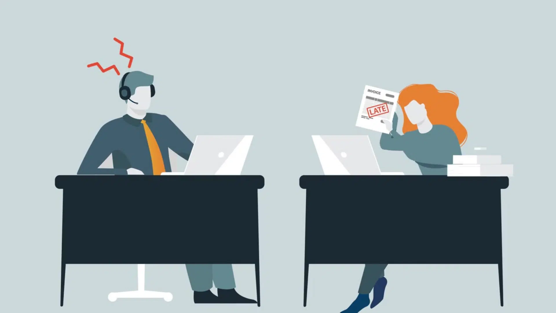 illustration of two accountants being frustrated by late payments and instalment payment challenges