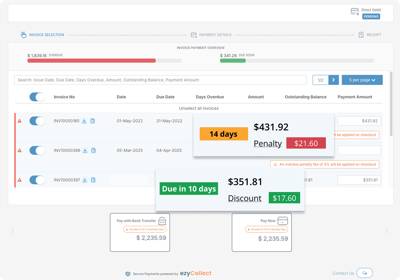Early payment discounts and penalties in ezyCollect
